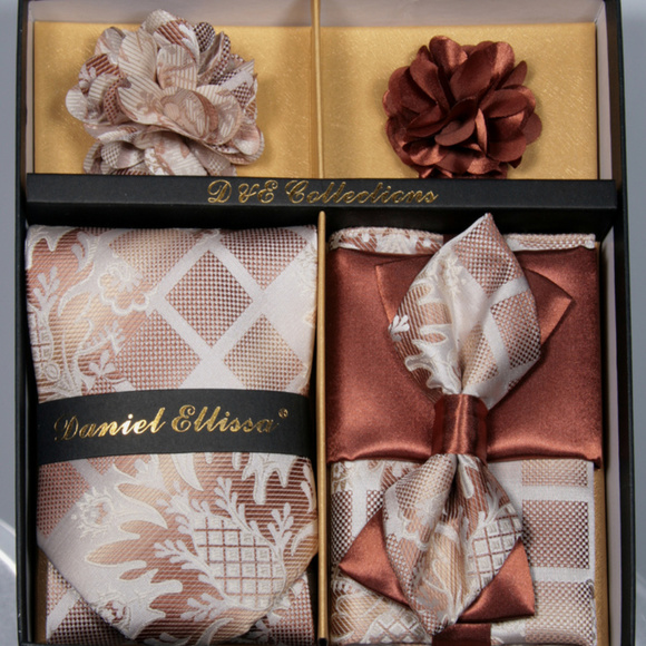 6 Piece Brown White Tan Necktie & Bow Tie Set